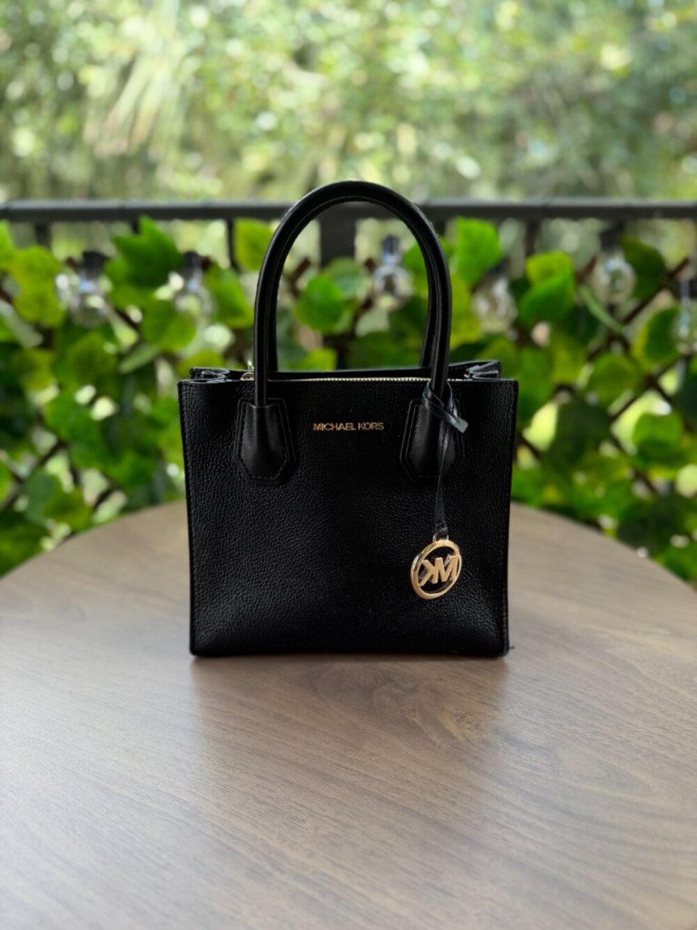 Michael Kors Black Leather Purse Satchel Top Handle Gold MK Charm